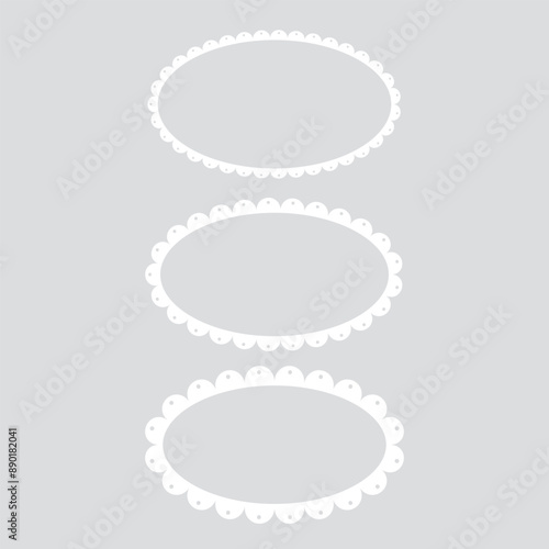 Blank white scalloped edge oval label set. Flat vector illustration.	