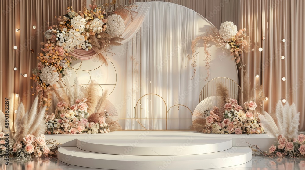 Elegant wedding backdrop with white and blush flowers, pampas grass, and gold accents. Soft drapery and ambient lighting create a romantic atmosphere. Elegant wedding backdrop with white and blush flowers, pampas grass, and gold accents. Soft drapery and ambient lighting create a romantic atmosphere.