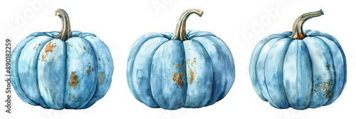 A set of 3 blue watercolor pumpkins on a white background, perfect for autumn decor, creating invitations, postcards, banners, advertisements, and seasonal art projects. Soft colors.
