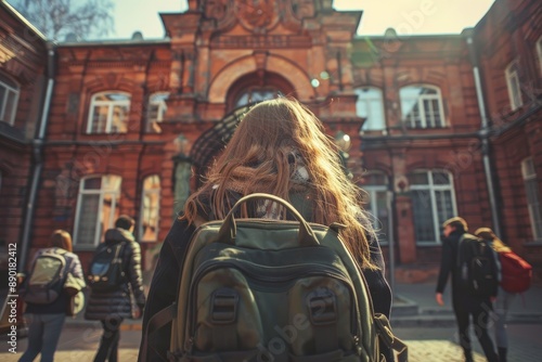 A group of students with backpacks in front of the entrance to an ancient red brick school,