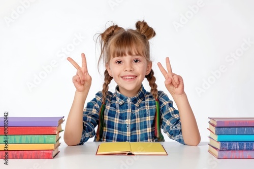 a happy school girl sitting at the table with colorful books on white background, she is pointing up and smiling, isolated, concept back to school