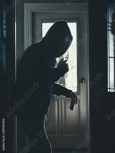 A criminal robber trying to break into a home