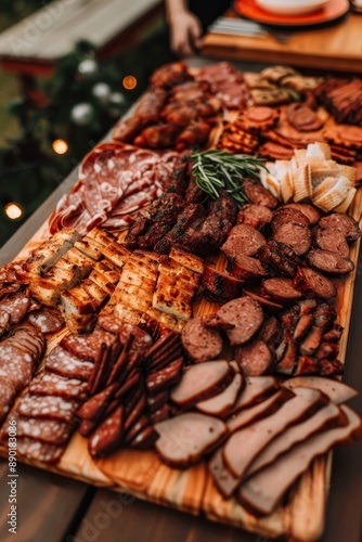 Charcuterie Board With An Assortment Of Delicious Meat Snacks. A Feast Of Variety Of Meats. photo