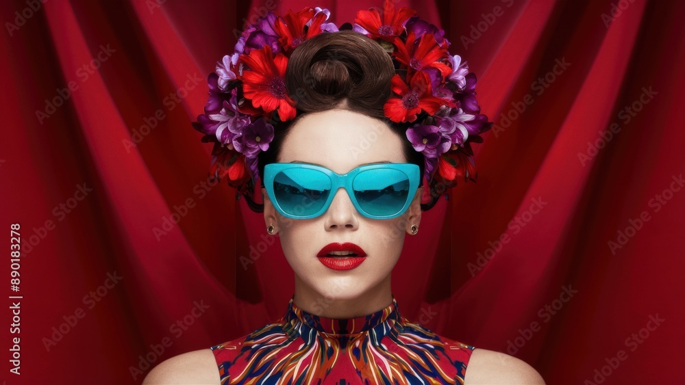 A woman with sunglasses and flowers in her hair wearing a red dress, AI