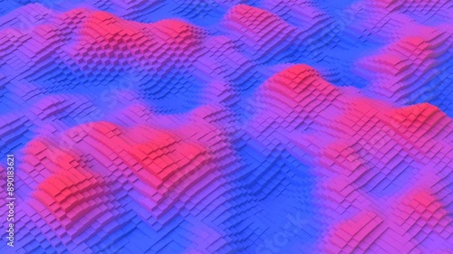 Dynamic Cubic Terrain Animation: Vibrant blue red neon Cubes Rising and Falling. 3D render