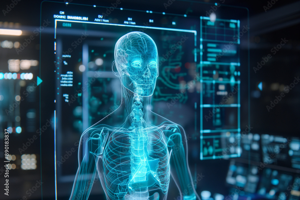 doctor looking at x ray image of human brain and body at virtual screen to show digitalization in medicine in hospitals doctor looking at x ray image of human brain and body at virtual screen to show digitalization in medicine in hospitals