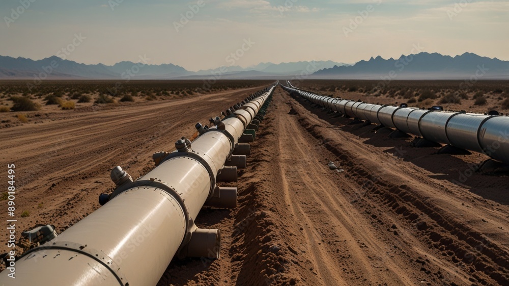 A long pipeline stretches across a vast desert landscape, with sand dunes and mountains a clear sky in the background A long pipeline stretches across a vast desert landscape, with sand dunes and mountains a clear sky in the background