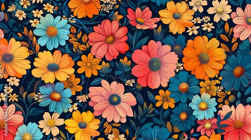 Wallpaper Mural Colorful Floral Pattern on Dark Background Torontodigital.ca