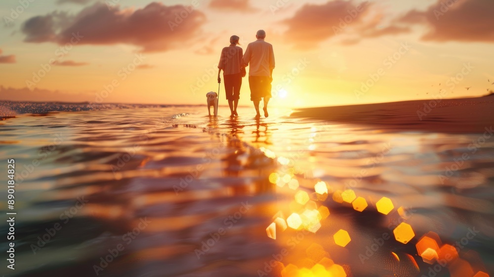 Sunset Stroll: Elderly Couple with Dog Walking on Beach Sunset Stroll: Elderly Couple with Dog Walking on Beach
