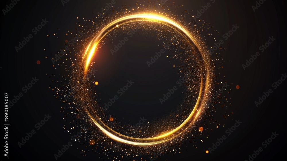 Golden glowing ring with sparkling particles on a dark background. Perfect for festive, celebratory, or magical-themed designs and graphics. Golden glowing ring with sparkling particles on a dark background. Perfect for festive, celebratory, or magical-themed designs and graphics.