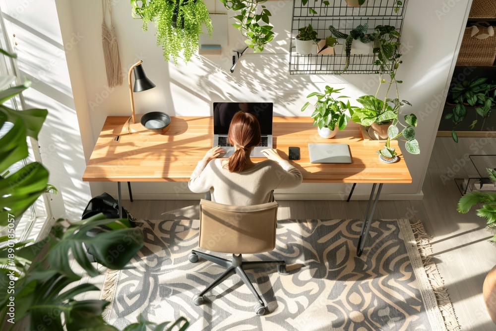 Fototapeta premium Modern home office with natural light and abundant greenery