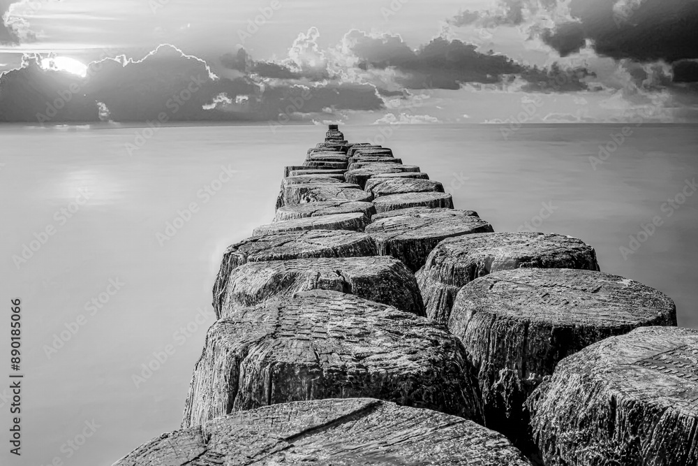 Black and white shot of a quiet sunset on the Baltic Sea