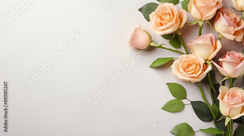 Peach roses arranged on a white background with copy space.
