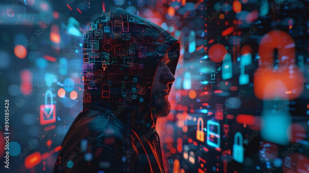 Hacker in a hooded jacket surrounded by digital security icons and data streams. Concept of cybersecurity, hacking, and data protection. Hacker in a hooded jacket surrounded by digital security icons and data streams. Concept of cybersecurity, hacking, and data protection.