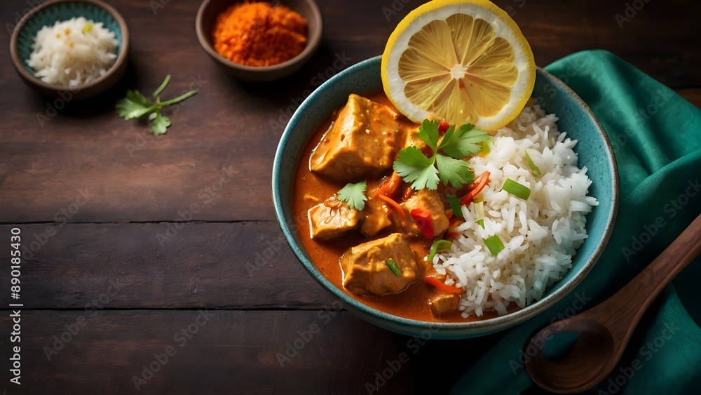Delicious Bowl of Fish Curry with Rice and Lemon Delicious Bowl of Fish Curry with Rice and Lemon