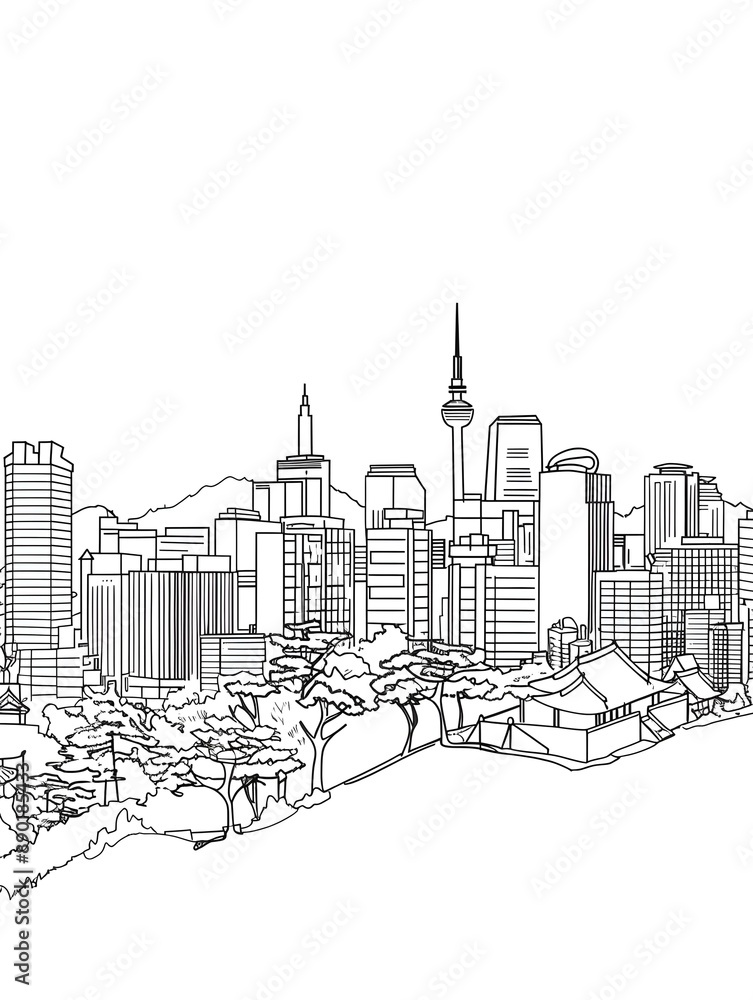 Naklejka premium A line art vector illustration of the Seoul skyline