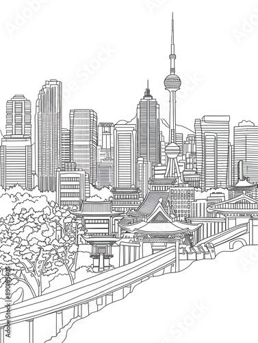 A line art vector illustration of the Seoul skyline