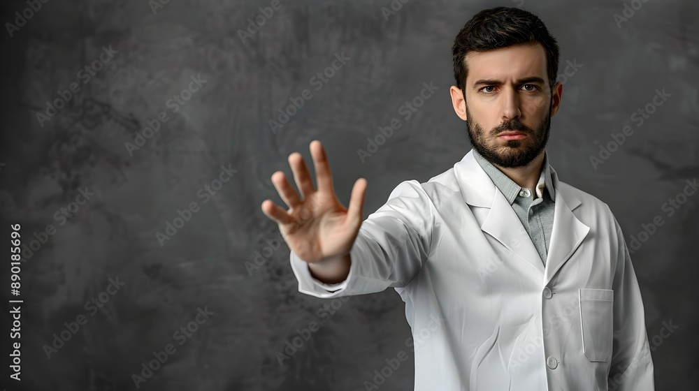 A man in a white coat showing an open palm gesture, with a grey background, concept of rejection or stop A man in a white coat showing an open palm gesture, with a grey background, concept of rejection or stop