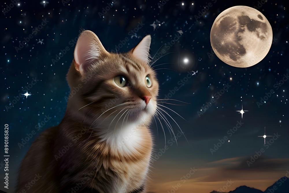 Cat gazing at in the night sky. Generative Ai Cat gazing at in the night sky. Generative Ai