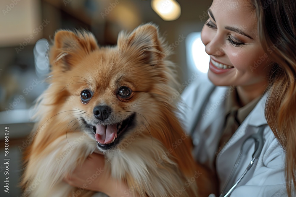 A joyful Pomeranian dog being held by a smiling veterinarian, highlighting the bond between pet and vet in a clinic setting. A joyful Pomeranian dog being held by a smiling veterinarian, highlighting the bond between pet and vet in a clinic setting.