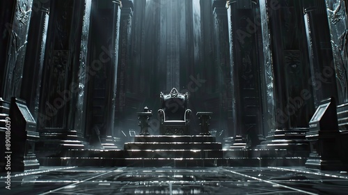 A black throne room with large pillars, an empty silver and white king's chair in the center, epic atmosphere.