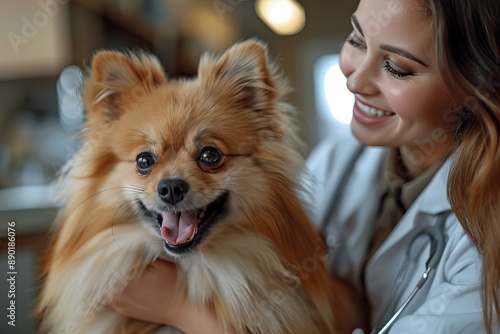 A joyful Pomeranian dog being held by a smiling veterinarian, highlighting the bond between pet and vet in a clinic setting. © Fay Melronna 