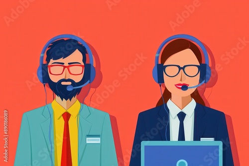 Illustration of a male and female customer support representatives wearing headsets and suits, set against an orange background.