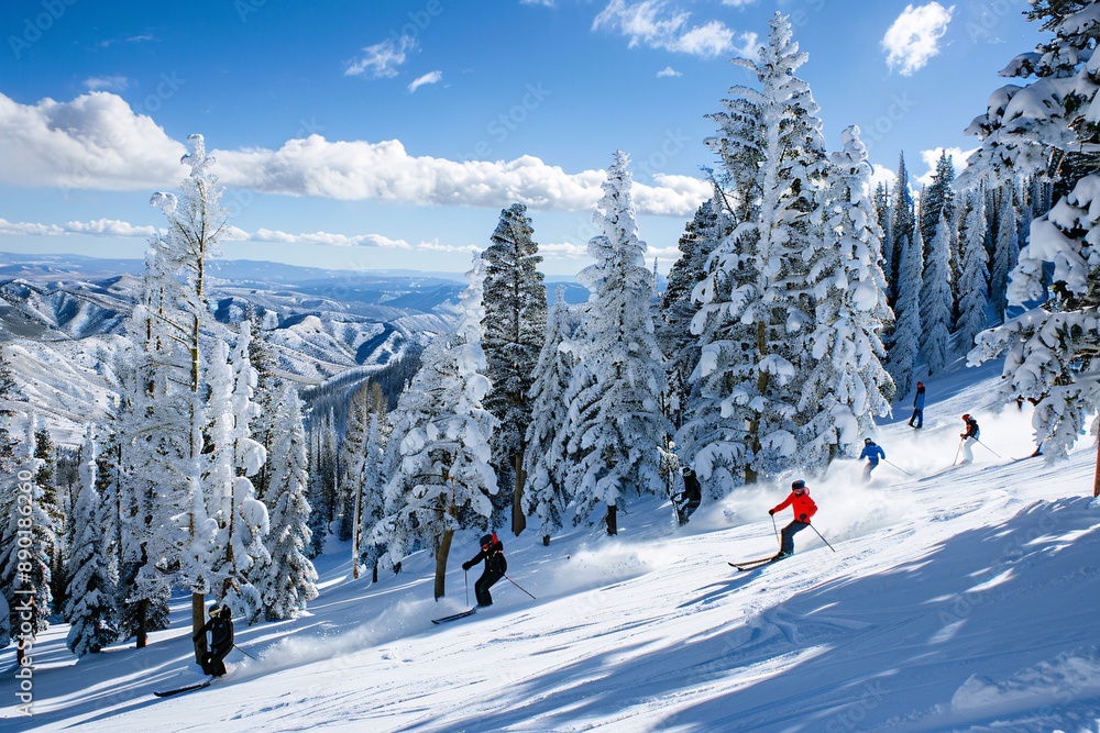 Fototapeta premium Skiers enjoying a sunny winter day on a snowy mountain slope.