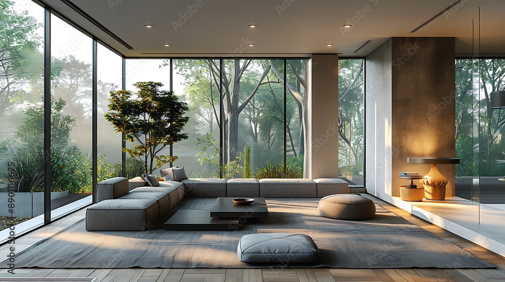 Elegant minimalist living room with a gray sofa, black coffee table, and white walls. Elegant minimalist living room with a gray sofa, black coffee table, and white walls.
