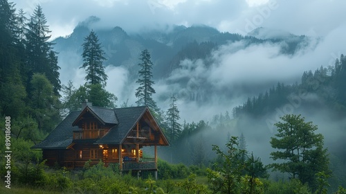 Cozy Wooden Cabin in Misty Mountain Forest with Pine Trees and Foggy Atmosphere © Sunshine