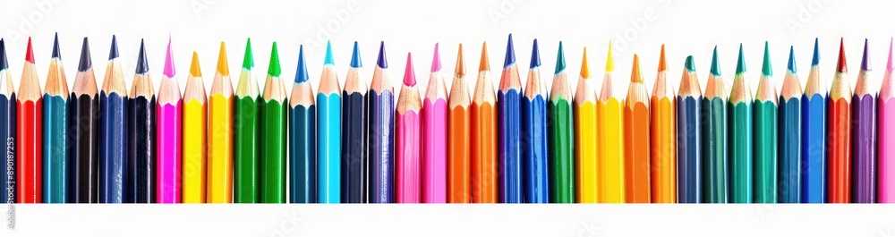 Fototapeta premium Colorful pencils arranged in a row on white background, Back to school concept.