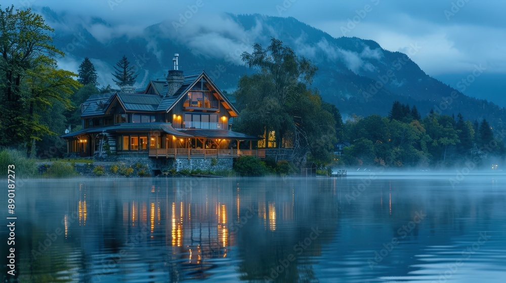 Cozy Lakeside Cabin with Warm Lights Reflecting on Misty Water at Dusk in Mountainous Landscape Cozy Lakeside Cabin with Warm Lights Reflecting on Misty Water at Dusk in Mountainous Landscape