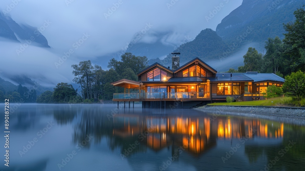 Naklejka premium Modern Lakeside House with Large Windows and Warm Lighting Reflecting on Calm Water at Dusk in a Mountainous Landscape
