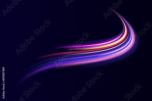 Abstract neon light rays background. A Colorful Motion Background of City Light Trails. Purple glowing wave swirl, impulse cable lines. Long time exposure. VectorГрафика и иллюстрации