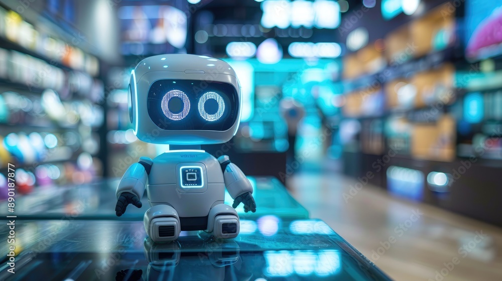 Cute robot toy in a modern electronics store with vibrant lights and futuristic design, showcasing the latest in technology innovation. Cute robot toy in a modern electronics store with vibrant lights and futuristic design, showcasing the latest in technology innovation.