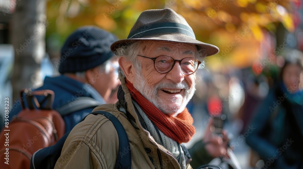 Elderly man enjoying a sunny day in autumn with a smile, wearing a hat and scarf, people in the background, vibrant fall colors. Elderly man enjoying a sunny day in autumn with a smile, wearing a hat and scarf, people in the background, vibrant fall colors.