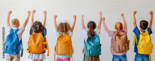 Handsome school children with backpacks celebrating success in the classroom, white background, panoramic photo, real photography style, bright light