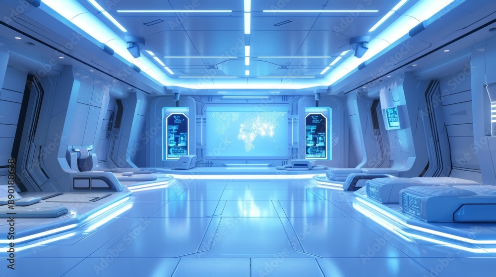 Obraz premium A futuristic room with a large screen on the wall