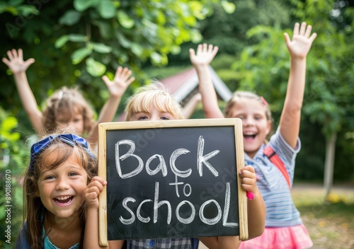 A group of happy children holding a chalkboard with 