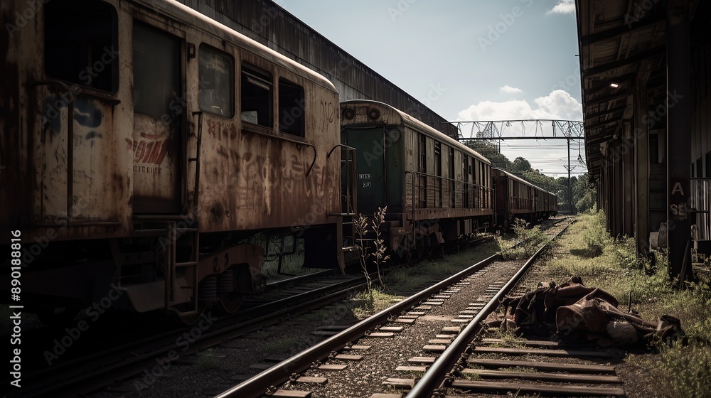 Abandoned train station with old train wagons and overgrown tracks Abandoned train station with old train wagons and overgrown tracks
