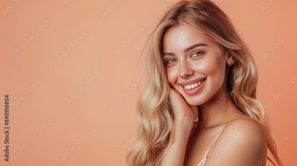 Young woman with long, wavy blonde hair smiling against a soft peach background. Natural beauty, fresh and clean look with radiant skin and bright eyes. Young woman with long, wavy blonde hair smiling against a soft peach background. Natural beauty, fresh and clean look with radiant skin and bright eyes.