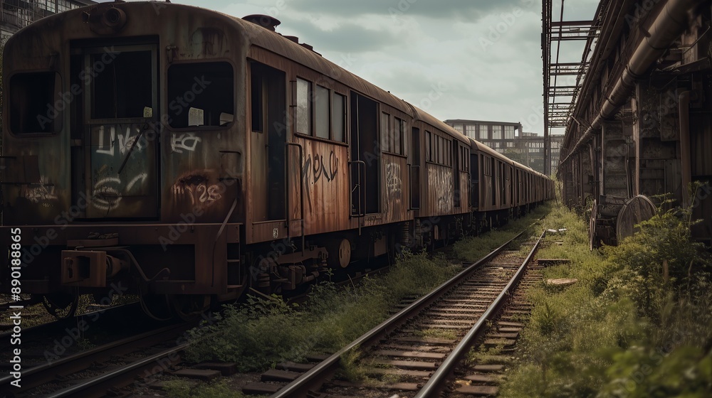 Abandoned train station with rusty train wagons in an industrial area Abandoned train station with rusty train wagons in an industrial area
