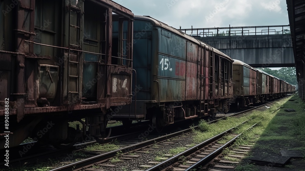 Fototapeta premium Abandoned goods train station with weathered train wagons under cloudy sky