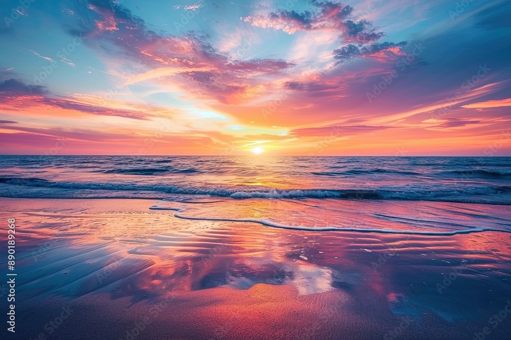 Fototapeta premium Vibrant sunset over calm ocean with pink sky reflections