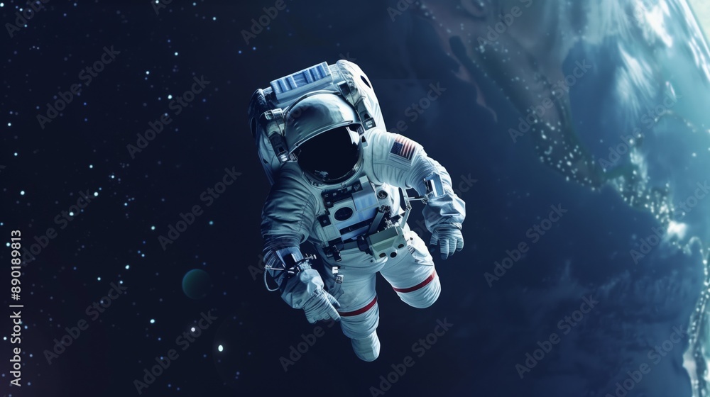 An astronaut floats in space, with Earth’s stunning blue and green hues glowing in the background. An astronaut floats in space, with Earth’s stunning blue and green hues glowing in the background.