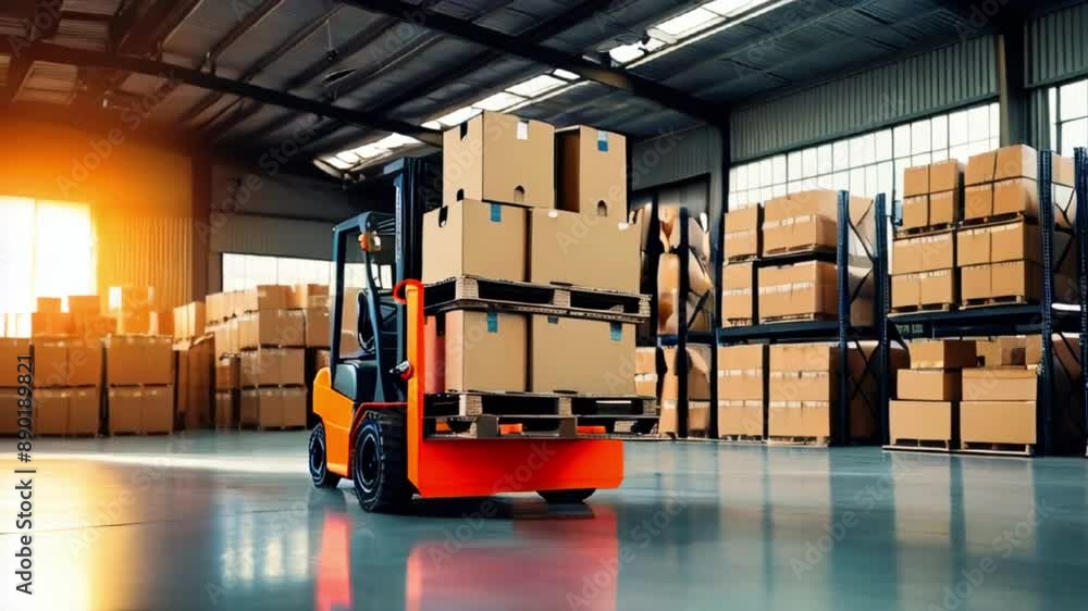 Forklift truck in a warehouse, industrial warehouse interior, stacks of cardboard boxes on pallets, concrete floor, low angle view, warm lighting, blurred background, diffused lights Forklift truck in a warehouse, industrial warehouse interior, stacks of cardboard boxes on pallets, concrete floor, low angle view, warm lighting, blurred background, diffused lights