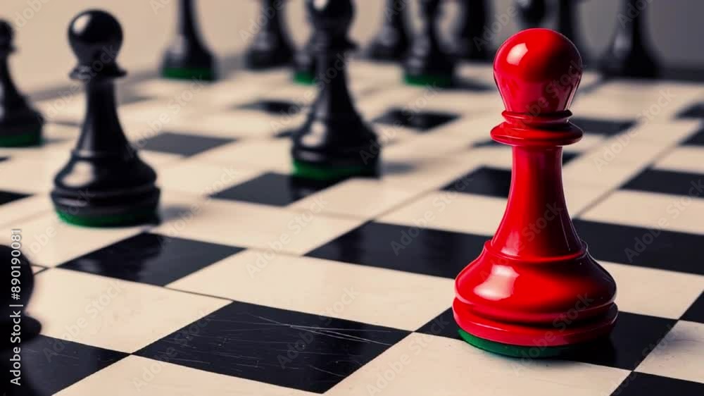 Close-up of a chessboard with alternating black and white squares, featuring a striking red pawn in the foreground, and blurred black chess pieces in the background. Close-up of a chessboard with alternating black and white squares, featuring a striking red pawn in the foreground, and blurred black chess pieces in the background.