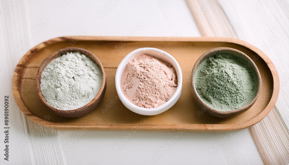 Cosmetic clay powder on wooden tray. Natural organic beauty product. Skin care. Close-up. Flat lay Cosmetic clay powder on wooden tray. Natural organic beauty product. Skin care. Close-up. Flat lay