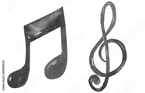 Watercolor treble clef and note hand drawn illustration, music elements set