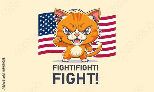 Vector illustration. Red menacing angry dissatisfied cat with a raised paw with a fist. Inscription, fight and USA flag. Torn or shot ear.